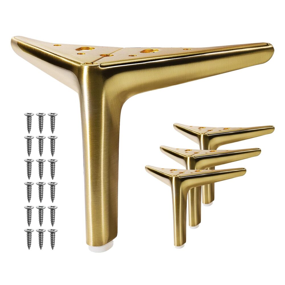 Set of 4, 6-inch Brushed Gold Furniture Legs, Modern Feet Metal Risers DIY